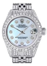 Womens Diamond Stainless Steel Rolex Watch | 26Mm | Light Blue Mother Of Pearl Dial | Jubilee Band