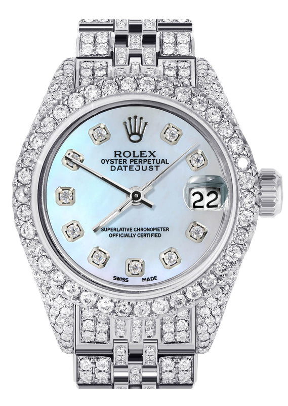 Womens Diamond Stainless Steel Rolex Watch | 26Mm | Light Blue Mother Of Pearl Dial | Jubilee Band
