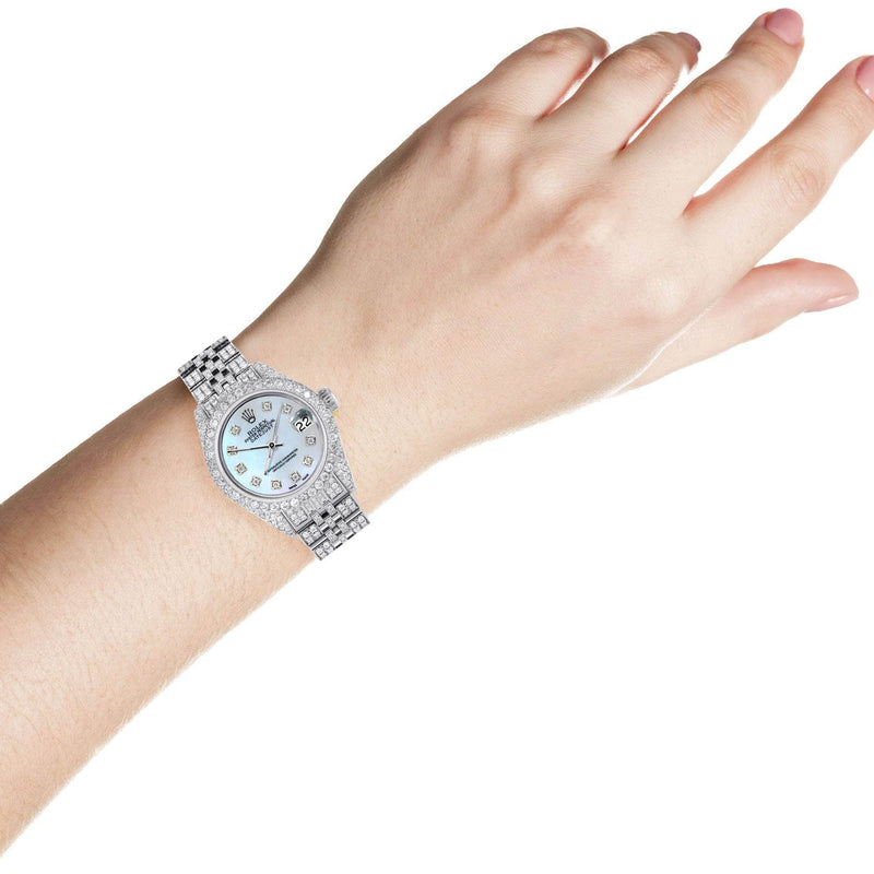 Womens Diamond Stainless Steel Rolex Watch | 26Mm | Light Blue Mother Of Pearl Dial | Jubilee Band