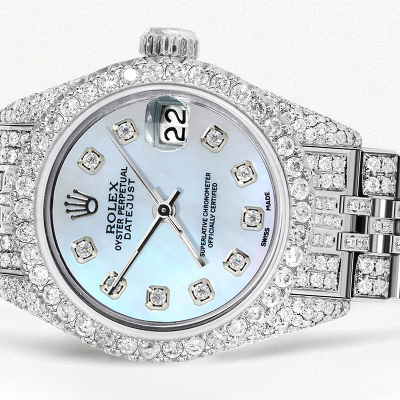 Womens Diamond Stainless Steel Rolex Watch | 26Mm | Light Blue Mother Of Pearl Dial | Jubilee Band