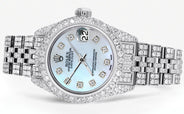 Womens Diamond Stainless Steel Rolex Watch | 26Mm | Light Blue Mother Of Pearl Dial | Jubilee Band
