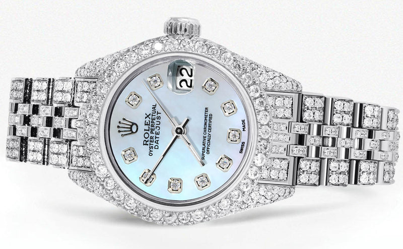 Womens Diamond Stainless Steel Rolex Watch | 26Mm | Light Blue Mother Of Pearl Dial | Jubilee Band