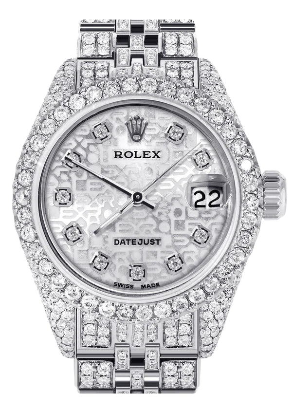 Full Diamond Bust Down Stainless Steel Rolex Watch for Womens | 26MM | Texture Dial | Jubilee Band
