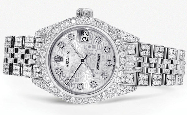 Full Diamond Bust Down Stainless Steel Rolex Watch for Womens | 26MM | Texture Dial | Jubilee Band