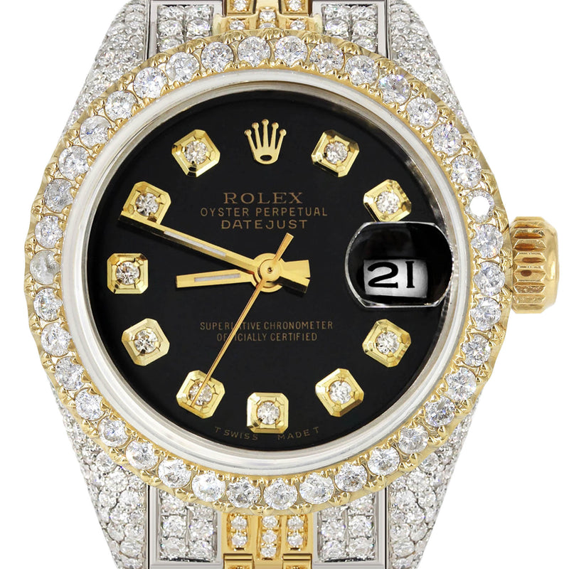 Womens Diamond Gold Rolex Watch | 26Mm | Black Dial | Jubilee Band