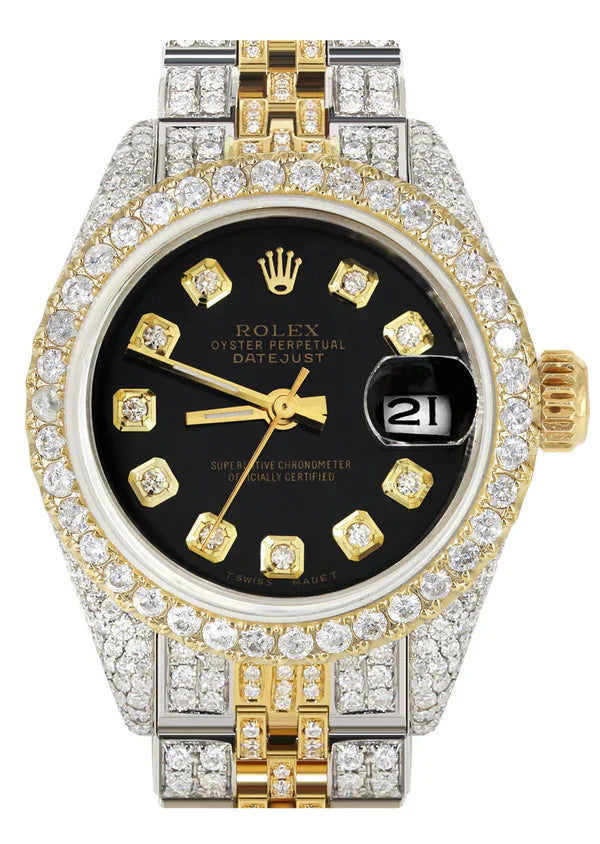 Full Diamond Bust Down Rolex Datejust Gold Watch for Women | 1 Carat Bezel | 26MM | Black Dial | Jubilee Band