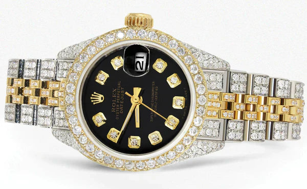 Full Diamond Bust Down Rolex Datejust Gold Watch for Women | 1 Carat Bezel | 26MM | Black Dial | Jubilee Band