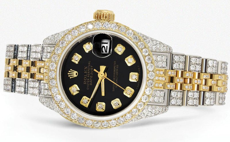 Womens Diamond Gold Rolex Watch | 26Mm | Black Dial | Jubilee Band