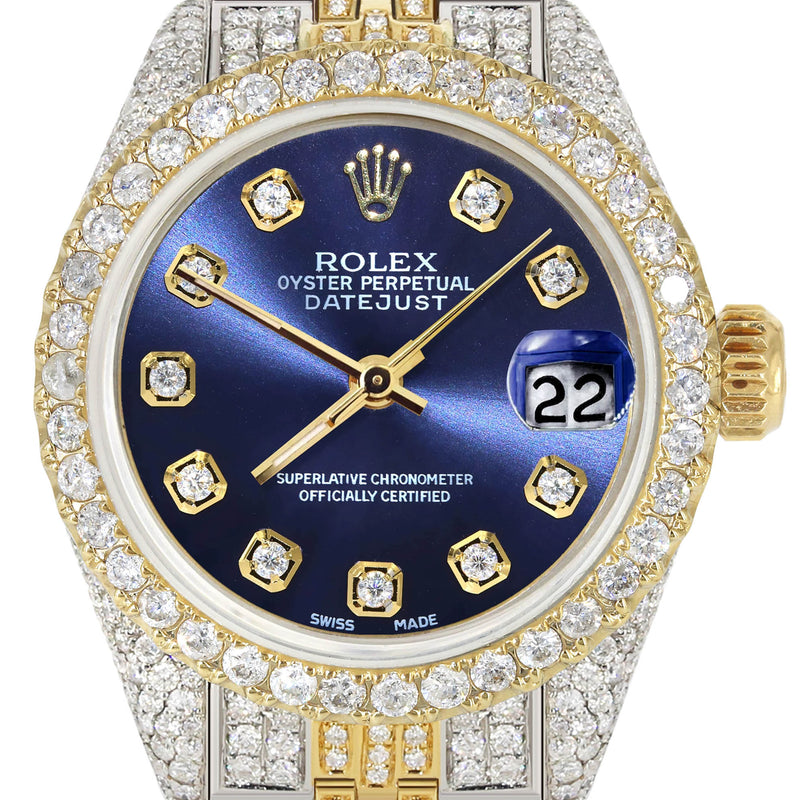 Womens Diamond Gold Rolex Watch | 26Mm | Blue Dial | Jubilee Band