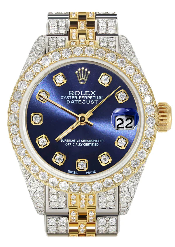 Full Diamond Bust Down Rolex Datejust Watch for Women  | 1 Carat Bezel | 26MM | Blue Diamond Dial | Jubilee Band