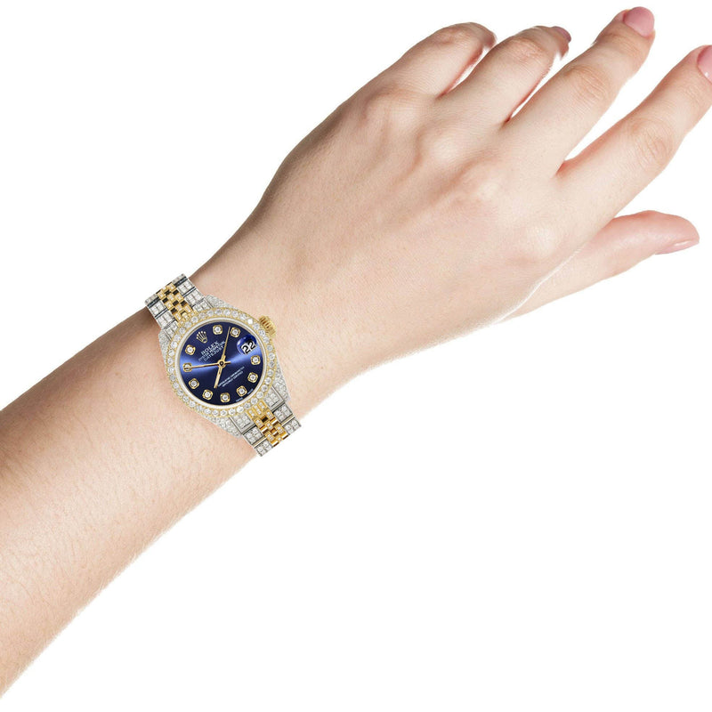Womens Diamond Gold Rolex Watch | 26Mm | Blue Dial | Jubilee Band