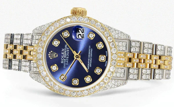 Full Diamond Bust Down Rolex Datejust Watch for Women  | 1 Carat Bezel | 26MM | Blue Diamond Dial | Jubilee Band