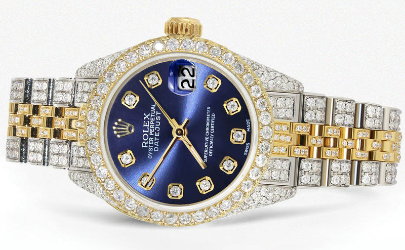 Womens Diamond Gold Rolex Watch | 26Mm | Blue Dial | Jubilee Band
