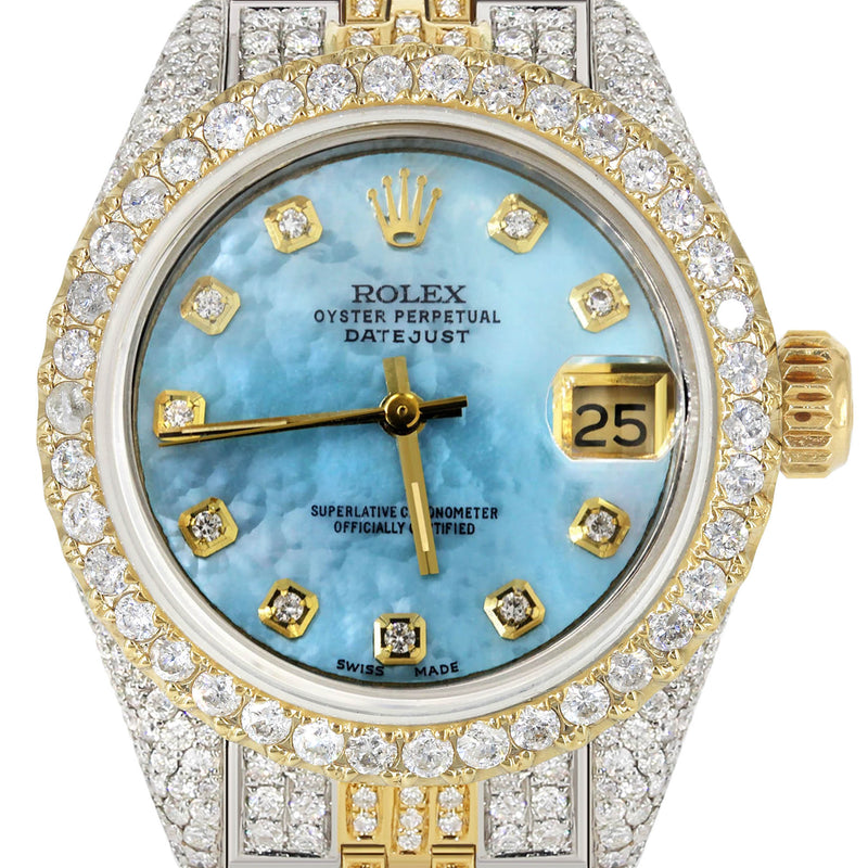 Womens Diamond Gold Rolex Watch | 26Mm | Light Blue Pearl Dial | Jubilee Band