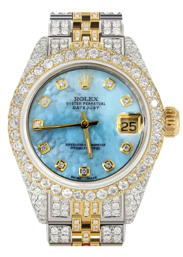 Full Diamond Bust Down Rolex Datejust Gold Watch for Women | 1 Carat Bezel | 26MM | Blue Pearl Diamond Dial | Jubilee Band