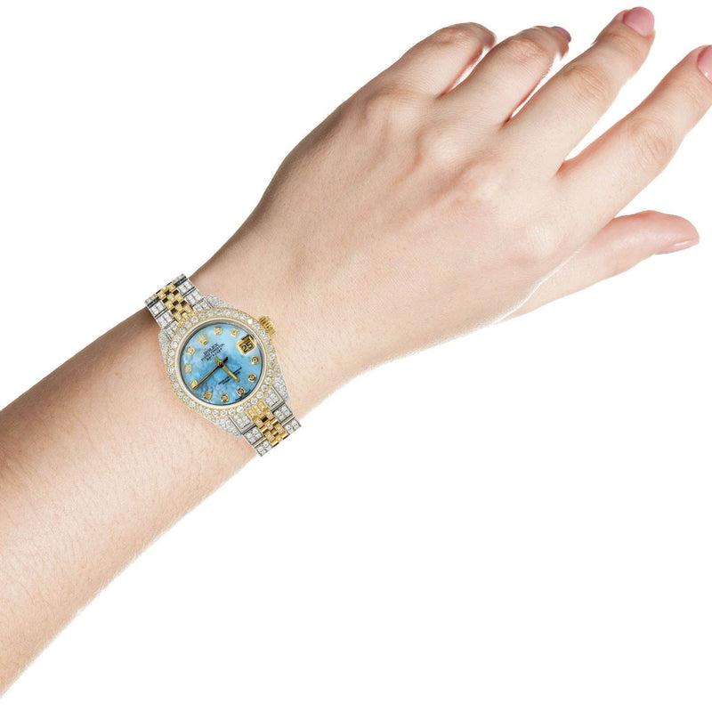 Womens Diamond Gold Rolex Watch | 26Mm | Light Blue Pearl Dial | Jubilee Band