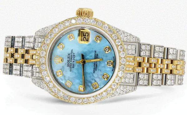 Full Diamond Bust Down Rolex Datejust Gold Watch for Women | 1 Carat Bezel | 26MM | Blue Pearl Diamond Dial | Jubilee Band