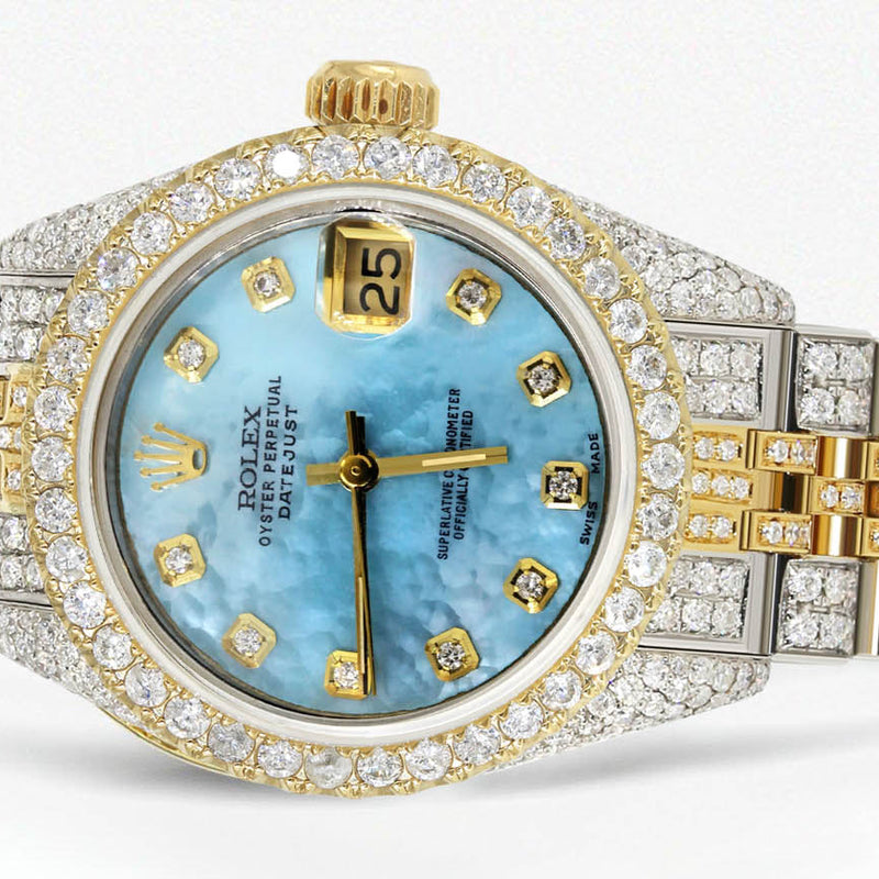 Womens Diamond Gold Rolex Watch | 26Mm | Light Blue Pearl Dial | Jubilee Band