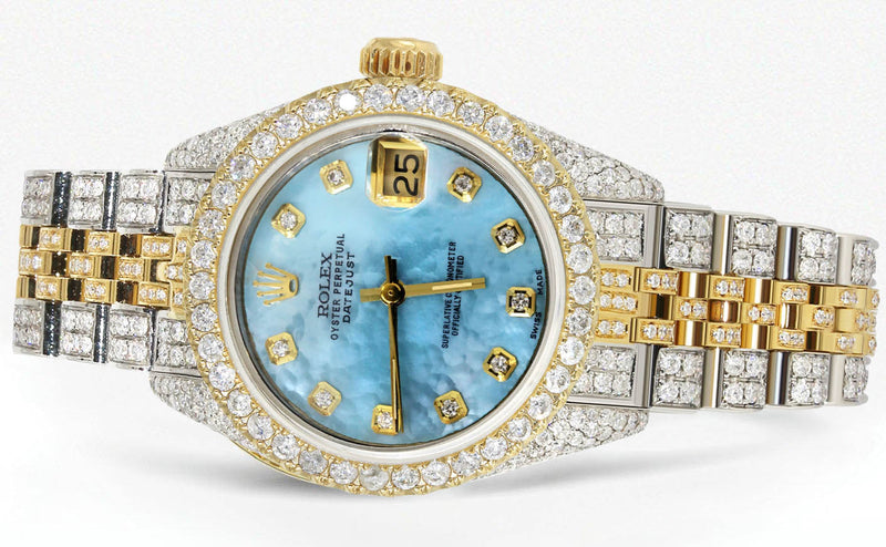 Womens Diamond Gold Rolex Watch | 26Mm | Light Blue Pearl Dial | Jubilee Band