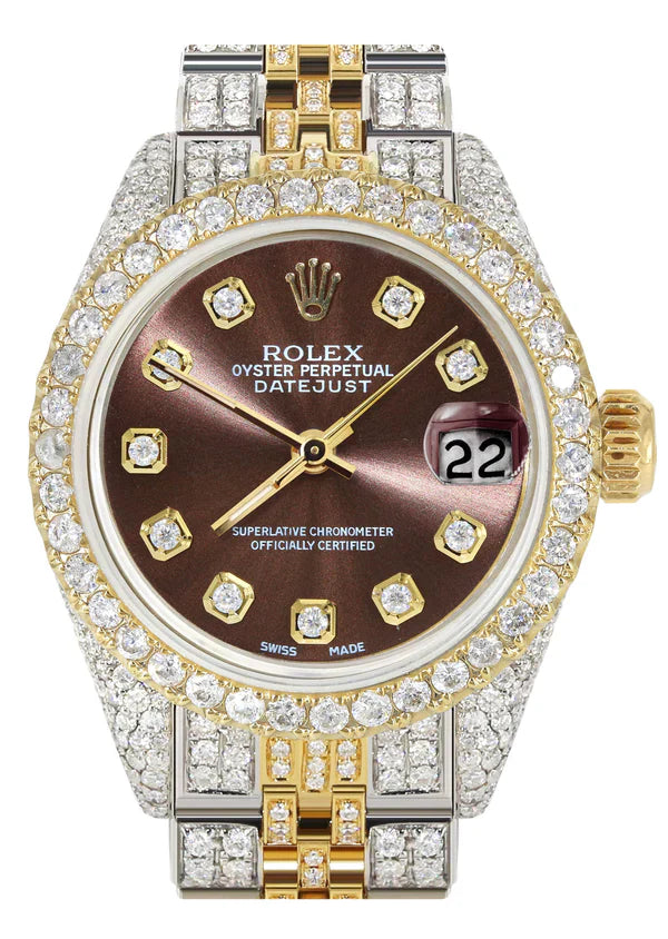 Full Diamond Bust Down Rolex Datejust Watch for Women  | 1 Carat Bezel | 26MM | Brown Diamond Dial - Chocolate Diamond Dial | Jubilee Band