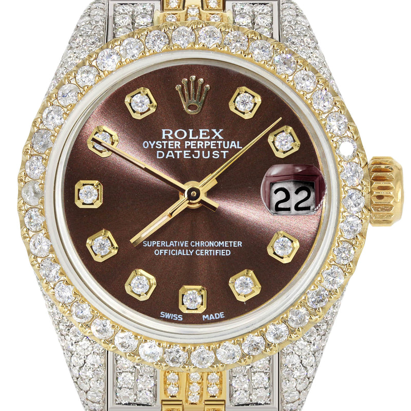 Womens Diamond Gold Rolex Watch | 26Mm | Brown Dial | Jubilee Band