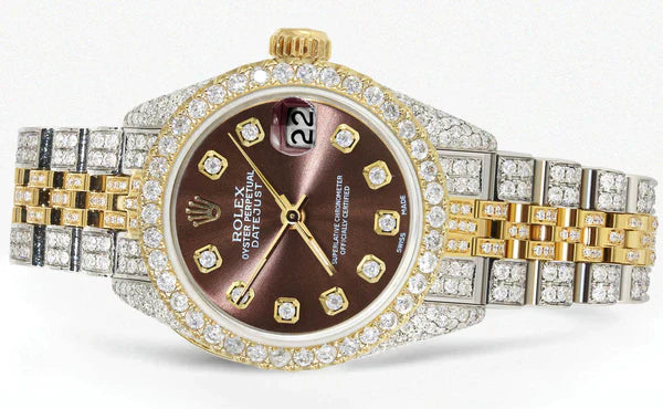 Full Diamond Bust Down Rolex Datejust Watch for Women  | 1 Carat Bezel | 26MM | Brown Diamond Dial - Chocolate Diamond Dial | Jubilee Band