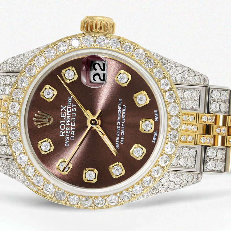 Womens Diamond Gold Rolex Watch | 26Mm | Brown Dial | Jubilee Band
