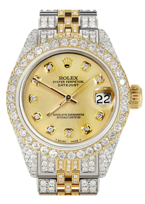 Full Diamond Bust Down Rolex Datejust Watch for Women  | 1 Carat Bezel | 26MM | Gold Diamond Dial | Jubilee Band