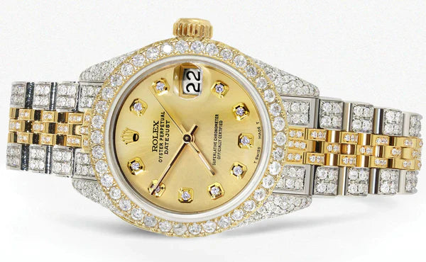 Full Diamond Bust Down Rolex Datejust Watch for Women  | 1 Carat Bezel | 26MM | Gold Diamond Dial | Jubilee Band