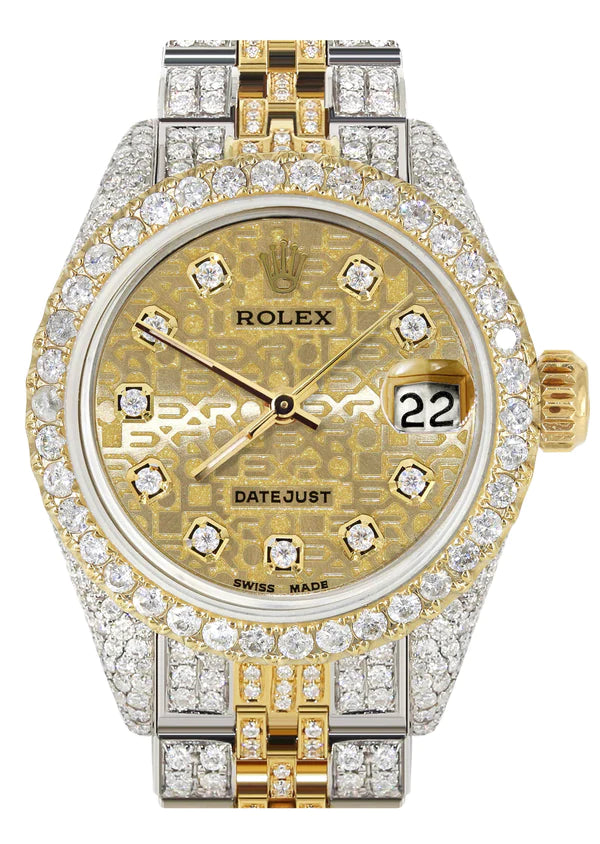 Full Diamond Bust Down Rolex Datejust Watch for Women  | 1 Carat Bezel | 26MM | Texture Gold Diamond Dial | Jubilee Band