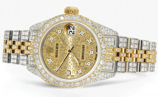 Full Diamond Bust Down Rolex Datejust Watch for Women  | 1 Carat Bezel | 26MM | Texture Gold Diamond Dial | Jubilee Band