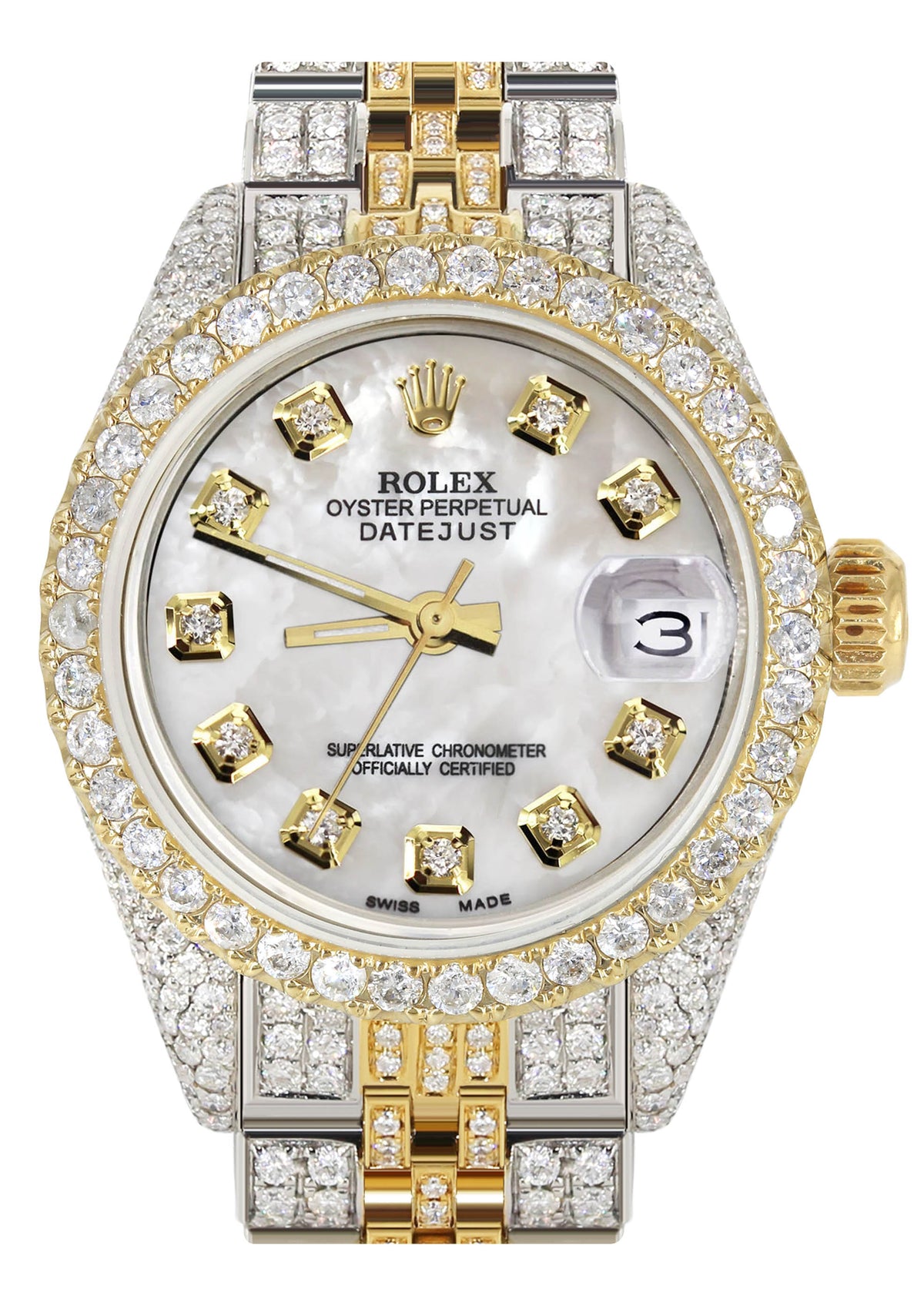 Womens Diamond Gold Rolex Watch | 26Mm | Mother Of Pearl Dial | Jubilee Band