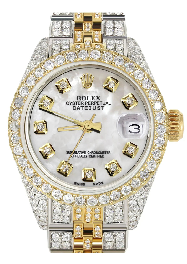 Full Diamond Bust Down Rolex Datejust Gold Watch for Women | 1 Carat Bezel | 26MM | Mother of Pearl Dial | Jubilee Band