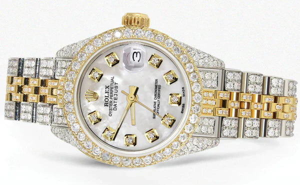 Full Diamond Bust Down Rolex Datejust Gold Watch for Women | 1 Carat Bezel | 26MM | Mother of Pearl Dial | Jubilee Band