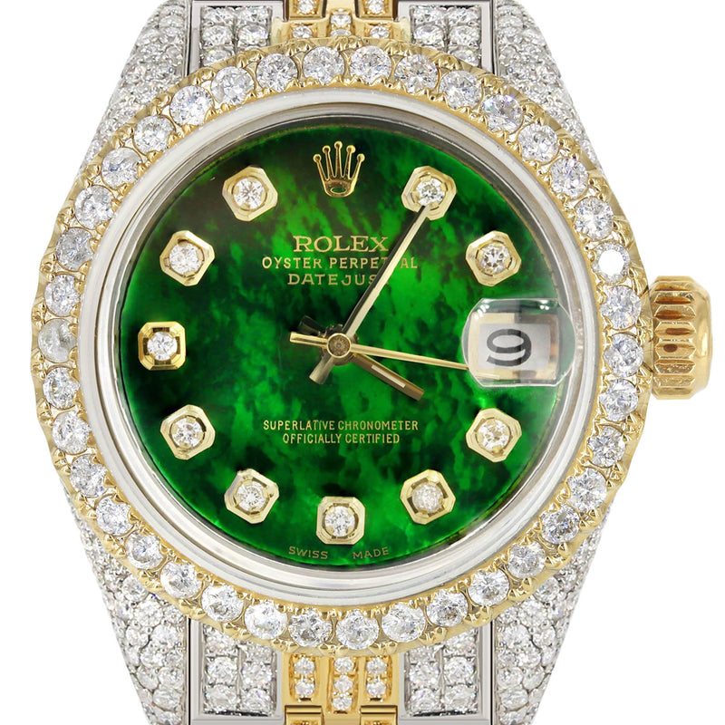 Womens Diamond Gold Rolex Watch | 26Mm | Green Mother Of Pearl Dial | Jubilee Band