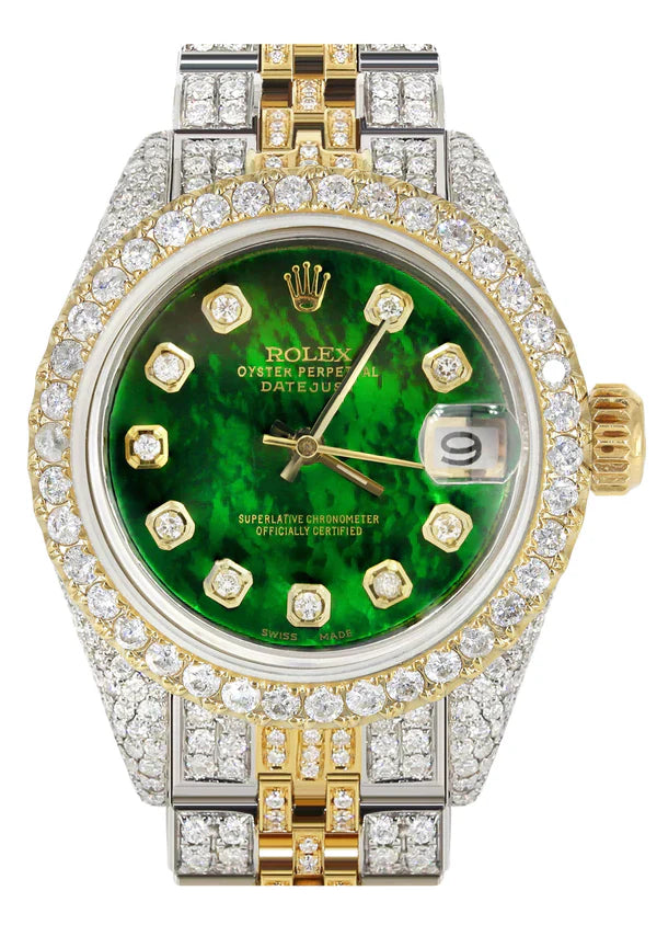 Full Diamond Bust Down Rolex Datejust Gold Watch for Women | 1 Carat Bezel | 26MM | Green Pearl Diamond Dial | Jubilee Band