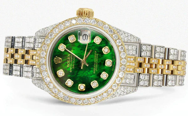 Full Diamond Bust Down Rolex Datejust Gold Watch for Women | 1 Carat Bezel | 26MM | Green Pearl Diamond Dial | Jubilee Band