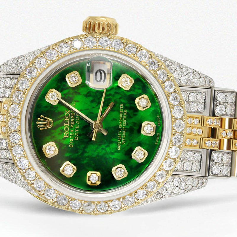 Womens Diamond Gold Rolex Watch | 26Mm | Green Mother Of Pearl Dial | Jubilee Band