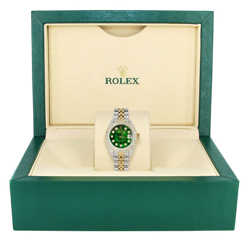 Womens Diamond Gold Rolex Watch | 26Mm | Green Mother Of Pearl Dial | Jubilee Band