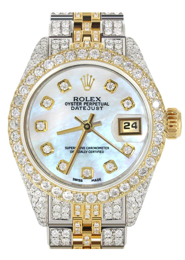 Full Diamond Bust Down Rolex Datejust Gold Watch for Women | 1 Carat Bezel | 26MM | Blue Pearl Diamond Dial | Jubilee Band