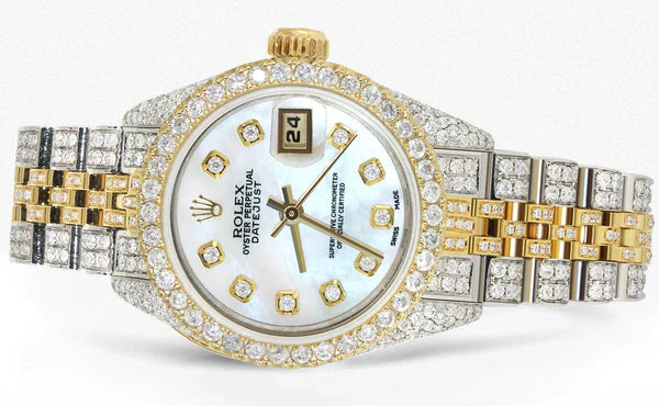 Full Diamond Bust Down Rolex Datejust Gold Watch for Women | 1 Carat Bezel | 26MM | Blue Pearl Diamond Dial | Jubilee Band
