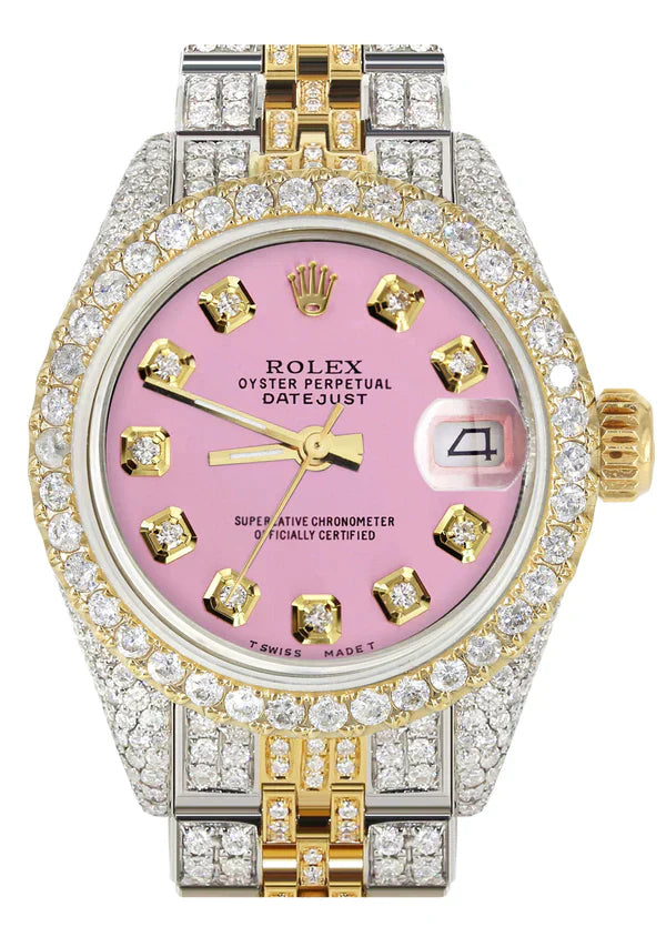 Full Diamond Bust Down Rolex Datejust Gold Watch for Women | 1 Carat Bezel | 26MM | Pink Dial | Jubilee Band