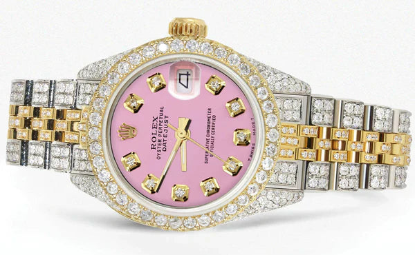 Full Diamond Bust Down Rolex Datejust Gold Watch for Women | 1 Carat Bezel | 26MM | Pink Dial | Jubilee Band