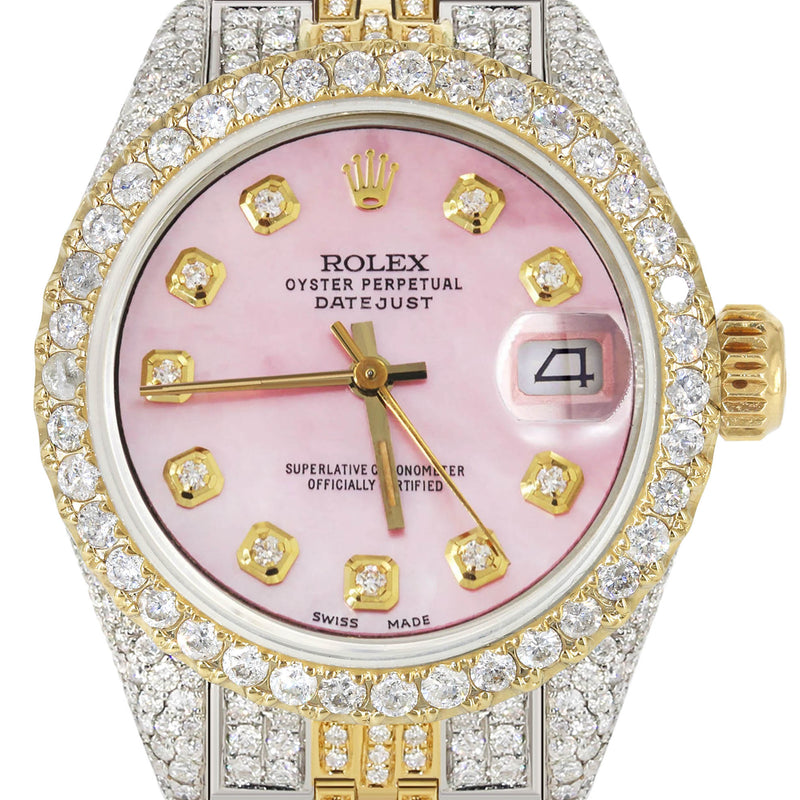 Womens Diamond Gold Rolex Watch | 26Mm | Pink Mother Of Pearl Dial | Jubilee Band