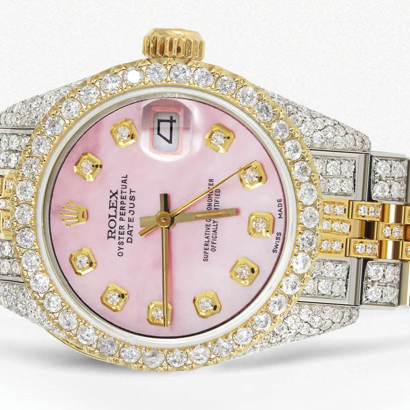 Womens Diamond Gold Rolex Watch | 26Mm | Pink Mother Of Pearl Dial | Jubilee Band