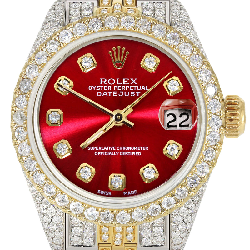 Womens Diamond Gold Rolex Watch | 26Mm | Red Dial | Jubilee Band