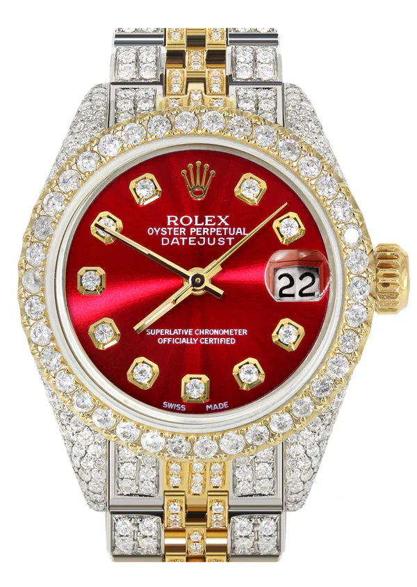 Full Diamond Bust Down Rolex Datejust Watch for Women  | 1 Carat Bezel | 26MM | Red Diamond Dial | Jubilee Band