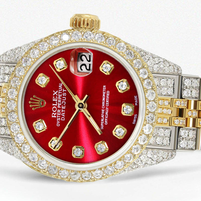 Womens Diamond Gold Rolex Watch | 26Mm | Red Dial | Jubilee Band