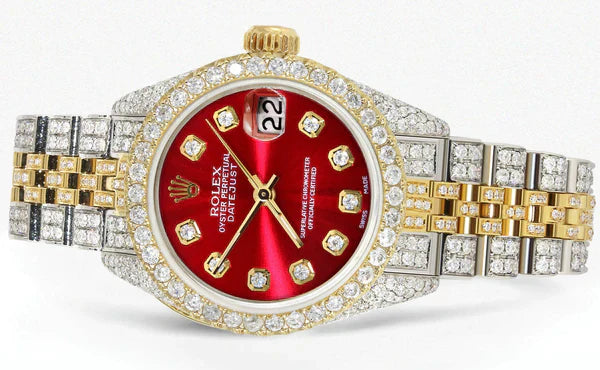 Full Diamond Bust Down Rolex Datejust Watch for Women  | 1 Carat Bezel | 26MM | Red Diamond Dial | Jubilee Band