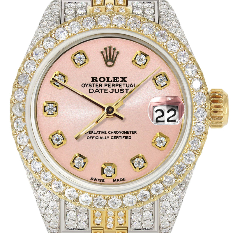 Womens Diamond Gold Rolex Watch | 26Mm | Light Pink Dial | Jubilee Band